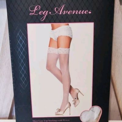 Leg Avenue 9021 White Thigh High Stockings Sheer Lace One Size Style 90-160 Lbs