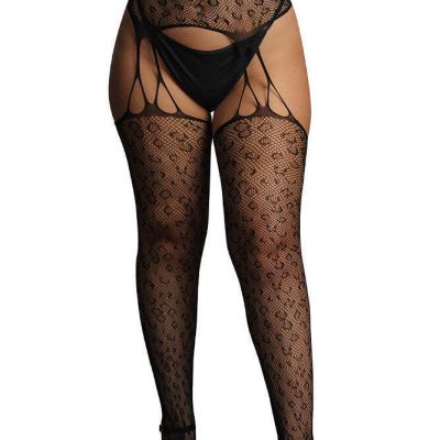 Shots Le Desir Stretchy Fishnet Suspender Leopard Pantyhose Black Queen Size