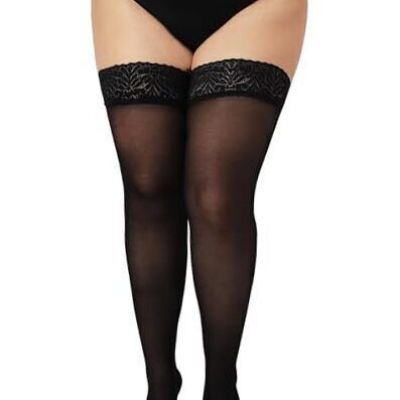 Plus Size Thigh High Stockings, Semi Sheer Lace Top Stay Up XX-Large Black