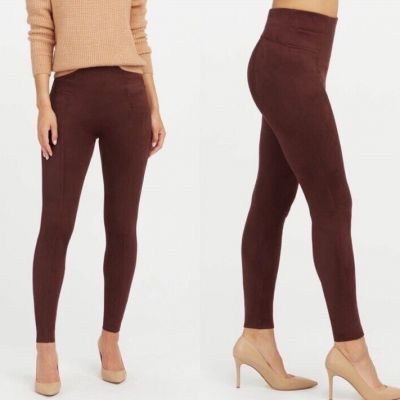 Spanx Faux Suede Leggings in Merlot High Waist Pull On Stretch Pants Size XL