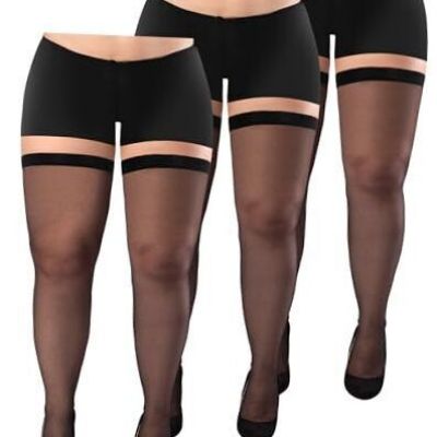 3 Pairs Plus Size Thigh High Stockings Semi Sheer Thigh High Socks Nylon Black