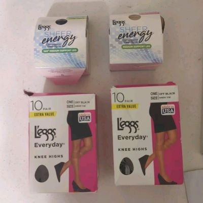 LOT; L'eggs Knee Highs 20prs Off Black & (2) Control Top Compress Tights Size B