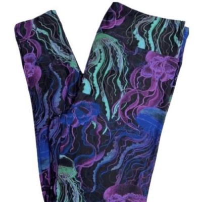 LuLaRoe Womens Leggings Size TC2 Black Jellyfish Jelly Fish Neon Plus 18+ NWT