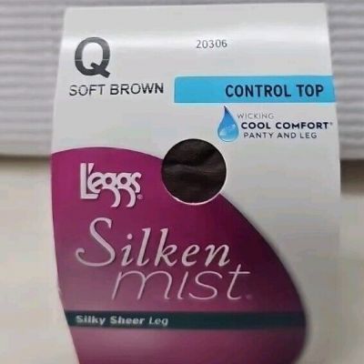 L'eggs Silken Mist Pantyhose Control Top Sheer Toe Soft Brown Size Q