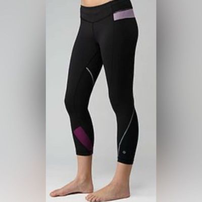 Lululemon Cropped Running Workout Leggings Black with Purple Womens Size 4