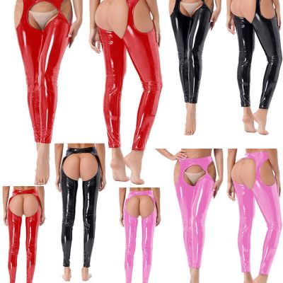 Women's Wetlook Leather Trousers Sexy Lingerie Tights Open Side Pants Clubwear