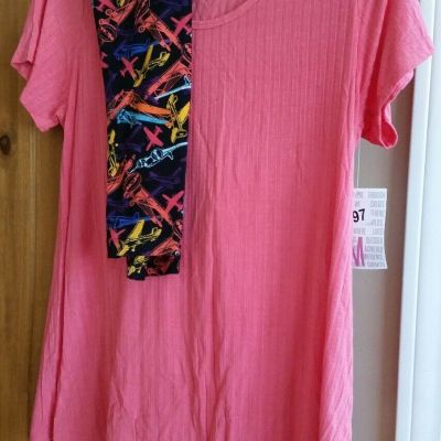 NWT LuLaRoe Medium Classic T and OS Leggings Rainbow Bright Neon Planes on Black