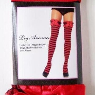 VALENTINES DAY LINGERIE THIGH HI STOCKINGS OPAQUE STRIPE W/ SATIN BOW RED BLACK