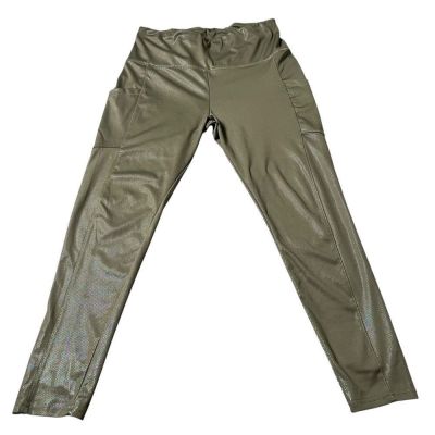 High-Waisted Olive Green Shimmery Leggings with Side Pockets Athletic Workout XL