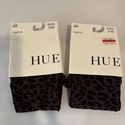 2 Prs HUE Espresso Brown & Black Control Top Leopard Tights Sz S/M Lot #1