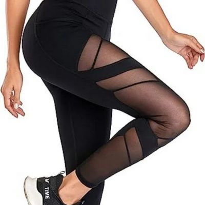 Mesh High Waist Leggings Yoga Pants with Pockets Tummy Control 4 Way Stretch