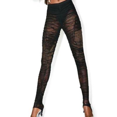 Black Fringe Sheer Leggings Women's Sexy Club-wear Yoga Fitted Bodycon S M L