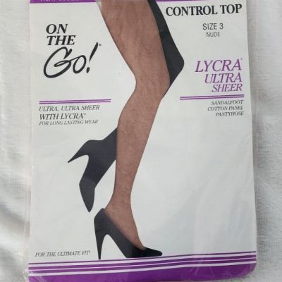 ON THE GO!  Control Top Size 3 NUDE Lycra Ultra Sheer Sandalfoot Pantyhose