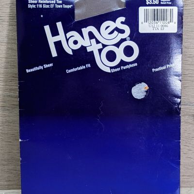 Hanes Too Sheer Pantyhose Nylons Reinforced Toe #116 Sz EF NIP Town Taupe VTG