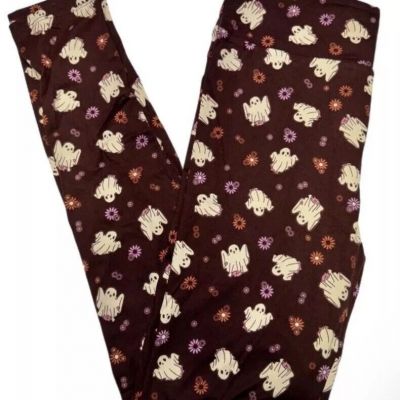 LuLaRoe Womens Leggings Size TC2 Ghosts Halloween Floral Brown Plus 18+ NWT