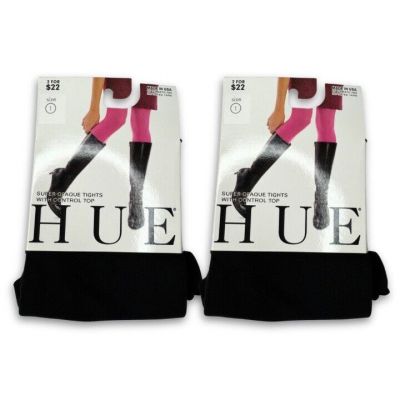 HUE Black Super Opaque Tights w/Control Top Womens Size 1 U6620Z 2 Pairs New