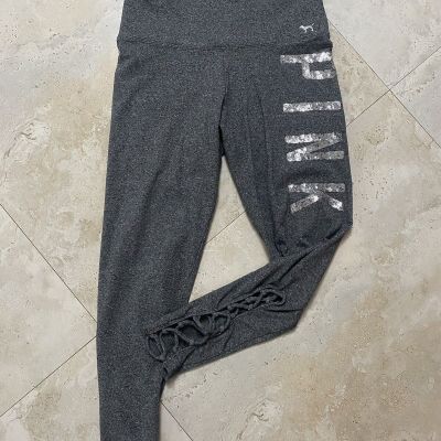 Pink Victoria’s Secret Leggings Sequined Logo Sign Women’s Size S Gray Color