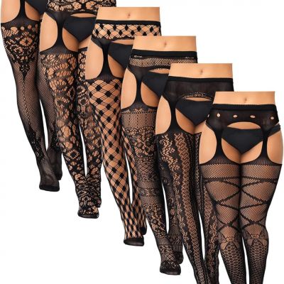 6 Pairs Women Plus Size Fishnet Thigh High Stockings Suspender Garter Belt Li...