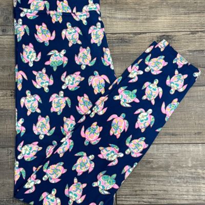 Simply Southern Turtle Leggings Stretch Navy Pink Plus Size One Size