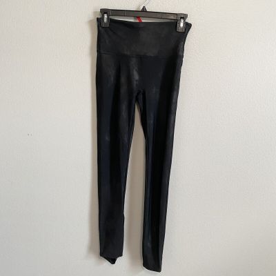 SPANX Mid Rise Black Faux Leather Sheen Leggings Size Medium