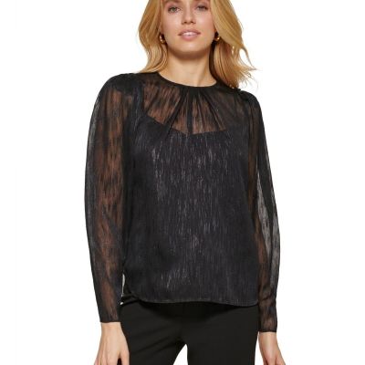 DKNY Women's Patterned Semi Sheer Blouse - Black - Size S