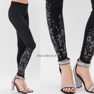 New VOCAL Womens PLUS SIZE CRYSTAL BLING BLACK FLORAL STRETCH LEGGINGS 1X 2X 3X