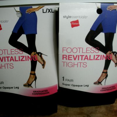 2 NEW Hanes BLACK Super Opaque footless revitalizing tights L/XL Compression