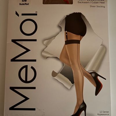 MeMoi Women's Backseam/Cuban Heel Thigh High Sheer Stockings Size S/M, Nude/Red