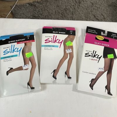 3 Secret Silky Sheer Support Pantyhose Control Top Size B Jet Black