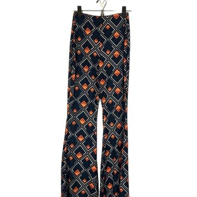 Zara Navy Blue & Orange Diamond Print Retro Bell Flare Leggings Women Sz S