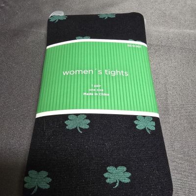 Black And Green Shamrock Tights One-Size Fits All Nylons St Patrick's Day