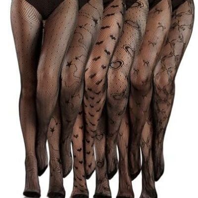 6 Pairs Women Fishnet Thigh High Stockings Waist Tights Bow Medium Black