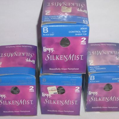 (4)  Leggs Silken Mist Control Top Pantyhose Sheer Toe 8 Pair Black Mist Size B