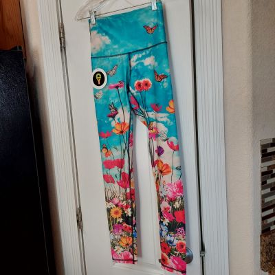 NWT Yoga Democracy Activewear Yoga Pant Long Legging Size XS Blue Floral