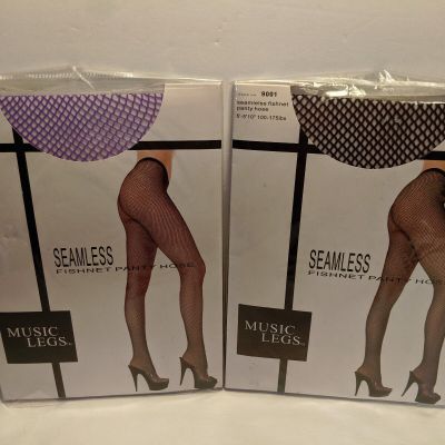 MUSIC LEGS #9001 Seamless Fishnet Panty Hose 2 pair Black Purple