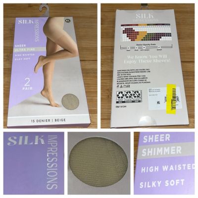 NEW Silk Impressions Pantyhose XL Beige 2-Pack Shimmer Sheer High Waisted 20 Den