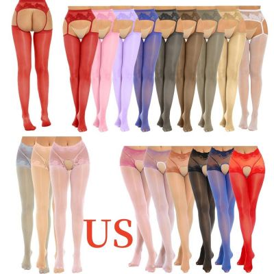 US Women's Glossy Crotchless Pantyhose Suspender Oily Lace Thigh High Stockings