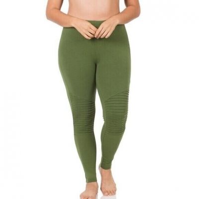 Zenana Women's Plus Size Leggings, Army Green Full Length Moto Leggings (2X)