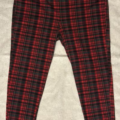 Womens Size 2X Red Black Tartan Plaid Tummy Control Pull on Leggings Pants