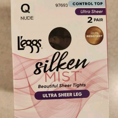 Leggs Silken Mist 2 PAIRS Ultra Sheer Leg Tights Q NUDE Control Top 97693