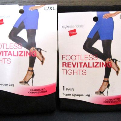 Lot of 2 Hanes BLACK Super Opaque Footless Revitalizing Tights L/XL Compression