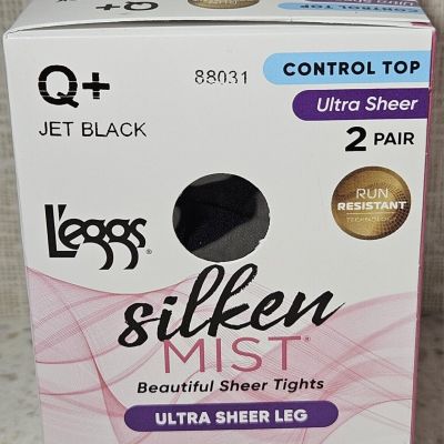 2 Pair Leggs Silken Mist Control Top Tights Ultra Sheer Leg 88031 Jet Black Q+