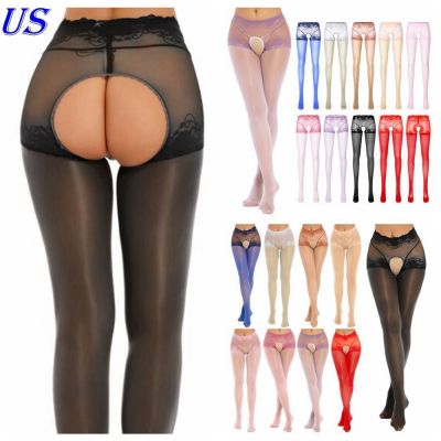 US Women's Glossy Pantyhose Tights Semi See-through Crotchless Stockings Hosiery