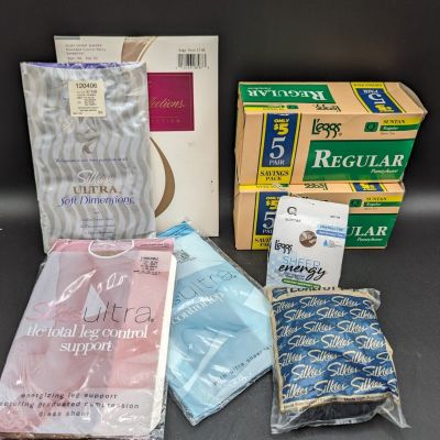 Lot of 16 New VTG Pantyhose Control Top Compression L'eggs Silkies Hanes Q, CD