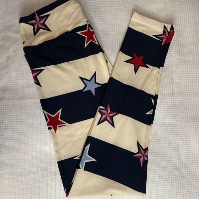 New Woman’s LuLaRoe Bone Navy Stripe Red Star Flag Pattern Leggings OS