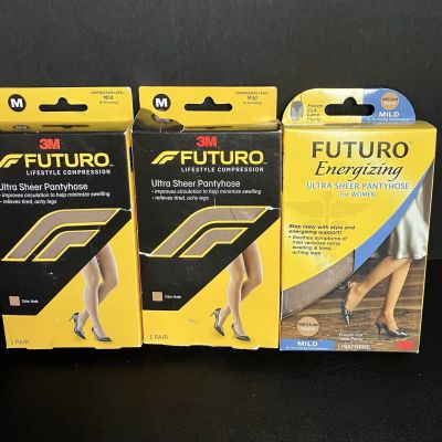 2x Futuro Energizing Ultra Sheer Pantyhose Mild Support Sz MEDIUM Nude LacePanty