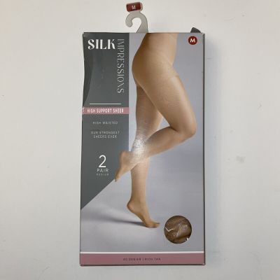 Silk Impressions Pantyhose High Support Sheer MEDIUM 2 Pr High Waisted RICH TAN