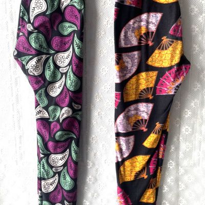 Lularoe Leggings Lot One Size OS Paisley Fans Stretch Pants Comfy Lounge