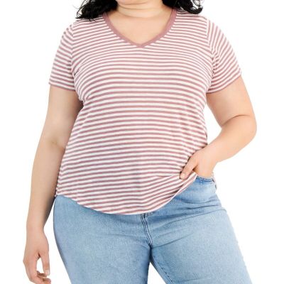 Style & Co Plus Size Classic Striped V-Neck T-Shirt - Rose 1X