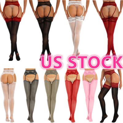 US Women's Oil Suspender Pantyhose Lace Garter Tights with Thigh High Stockings